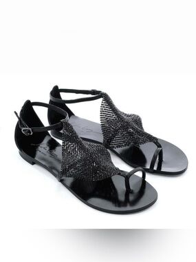 Lola Cruz Black Jeweled chainmail Toe-Ring Ankle-Strap flat Sandals size eu 38/8